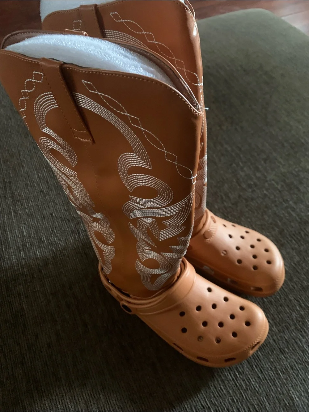 Women’s Tan Western Embroidered Knee-High Boots croc style.